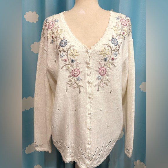 Cottagecore embroidered floral cardigan with pearl buttons-L - Picture 6 of 6